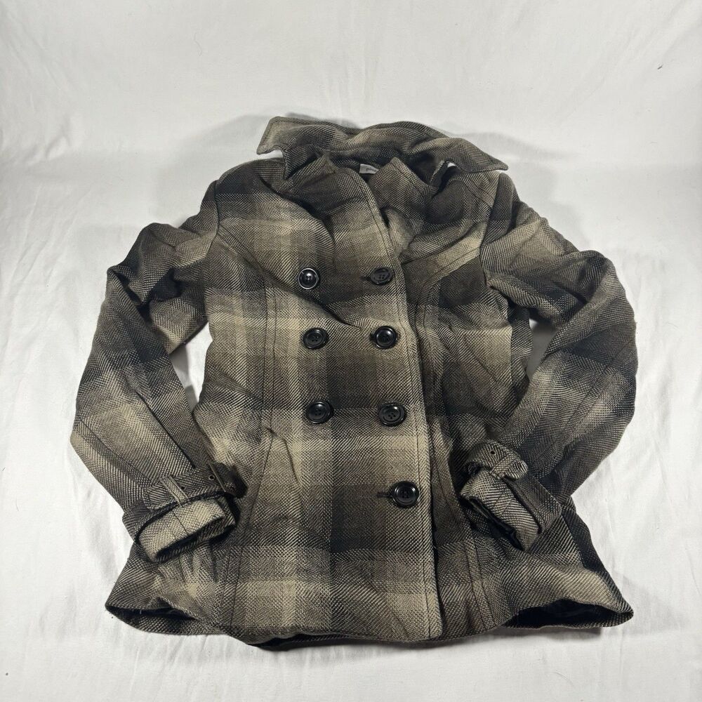Pimkie Womens Plaid Double Breasted Peacoat Jacket Brown